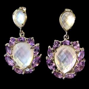 Shimmering Amethyst, Mother of Pearl and Sterling Silver Halo Drop Earrings
